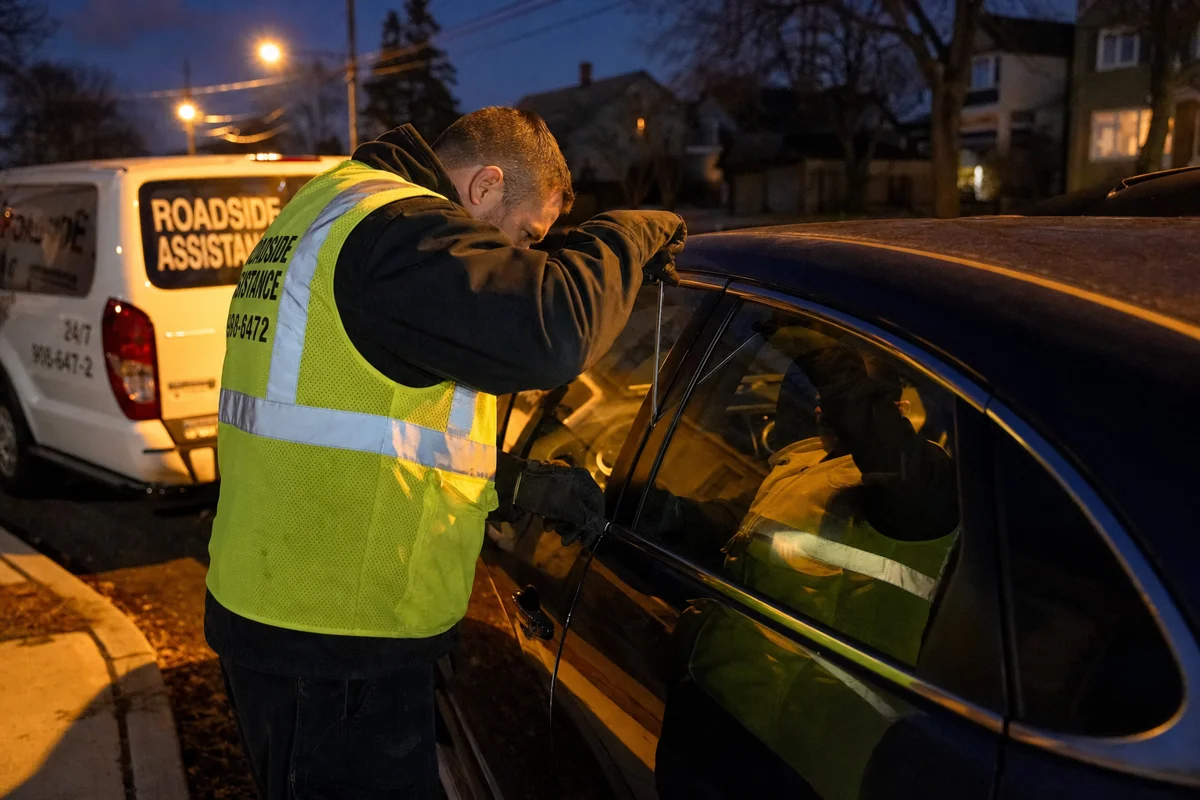 Technician using a non-destructive entry tool to unlock a car door on a New Jersey street at night